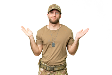 Military with dog tag over isolated chroma key background having doubts while raising hands