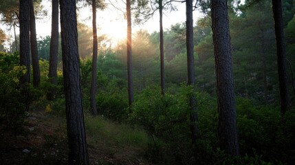 Obraz premium Sunbeams illuminate a dense pine forest at sunset, creating a magical, serene atmosphere. Tall tree trunks stand prominently, showcasing the texture of bark against the soft light. : Generative AI