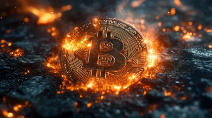Bitcoin burning in fiery ashes, market crash concept