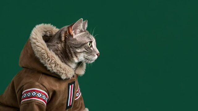 Tabby cat in winter coat profile view against green background studio shot