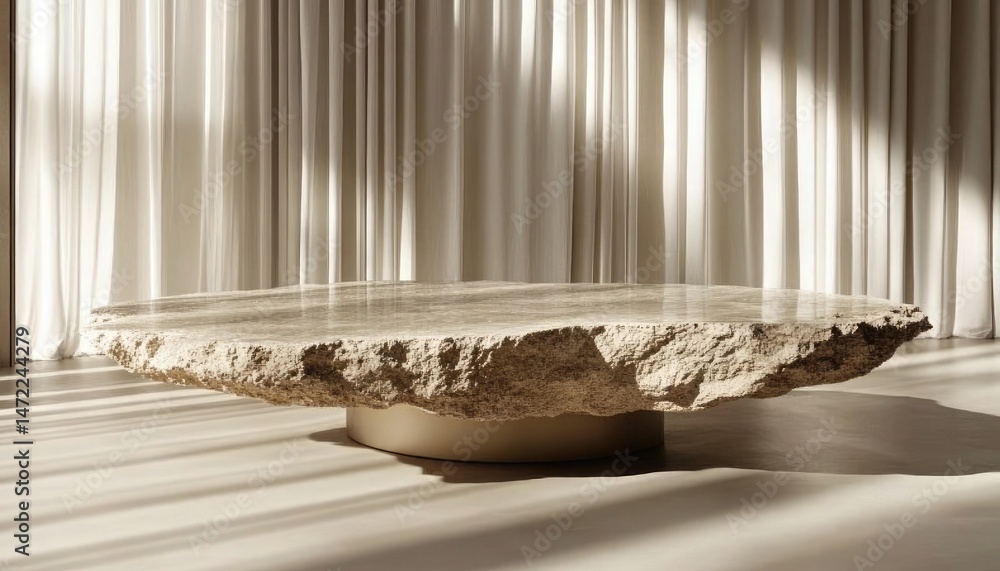 Poster stone slab table on a beige base, with soft drapes and light. great for product mockups or adding yo