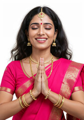 Indian Woman in Traditional Attire with Namaste Gesture