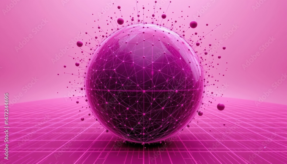 Poster abstract digital sphere composed of particles and geometric patterns in vibrant pink environment