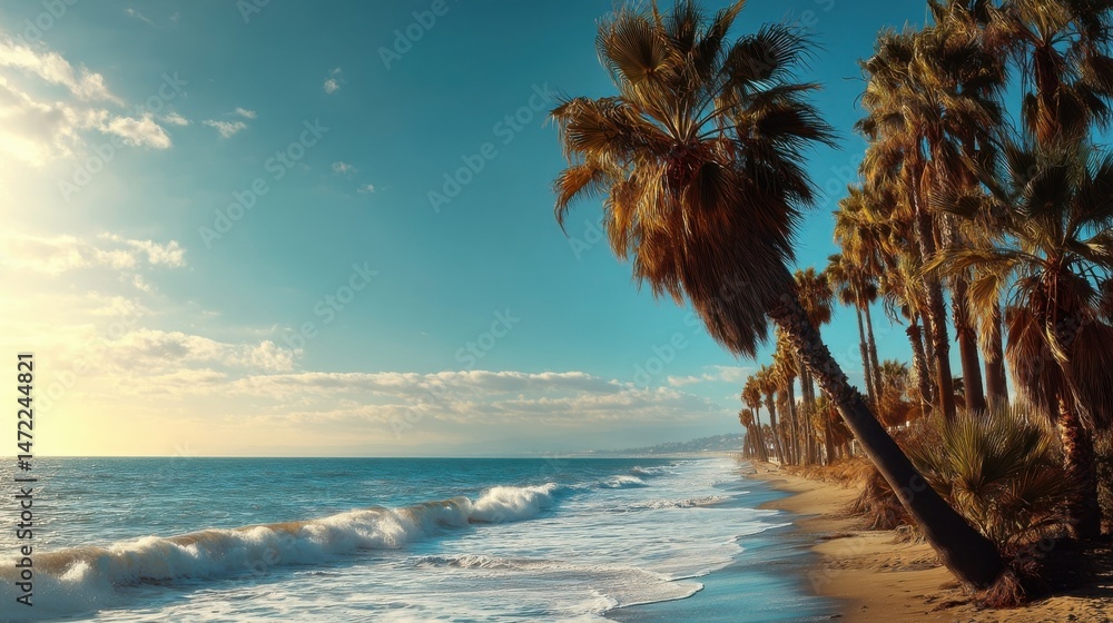 Leinwandbilder Serene sunset view of a sandy beach with palm trees gently swaying in the ocean breeze, waves rolling in, and a clear sky. : Generative AI