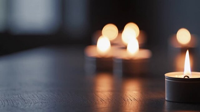 Warm candlelight casting soft, soothing glow across dark wooden table surface, creating serene and peaceful atmospheric moment with gentle flame and intimate ambiance