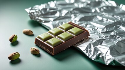 A rich green chocolate bar with almonds on a smooth surface, wrapped in shiny foil