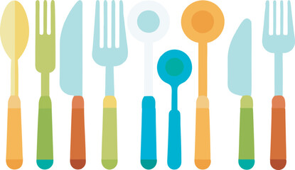 A detailed vector art illustration featuring various plastic cutlery items, including forks, knives, and spoons, ideal for kitchen or dining designs.