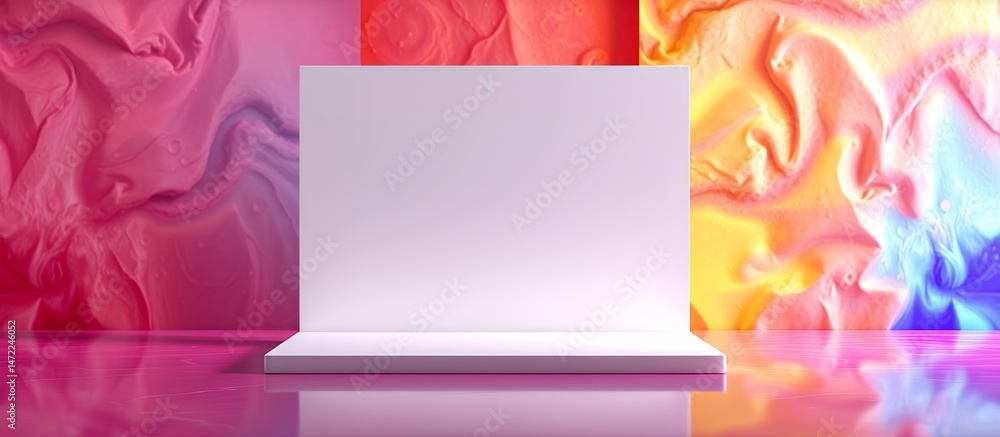 Poster white platform against colorful abstract backdrop in studio lighting for product display