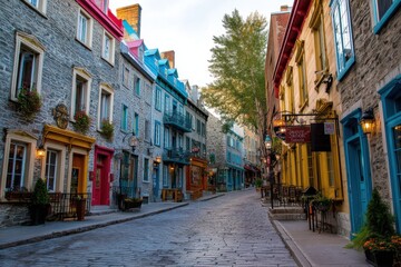 Fototapeta premium Historic cobblestone street lined with quaint buildings, evoking nostalgia