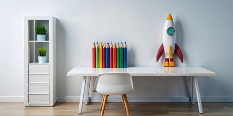 A child's workspace featuring a white desk, chair, colorful pencils, and a rocket toy symbolizing imagination and future aspirations