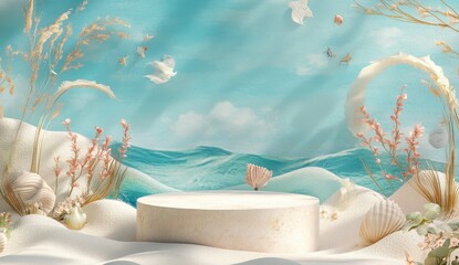 Serene coastal scene with a circular platform, surrounded by sand, shells, and beach plants against a backdrop of ocean waves and a light blue sky