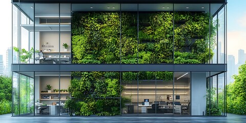 Fototapeta premium Modern office with green wall, city view