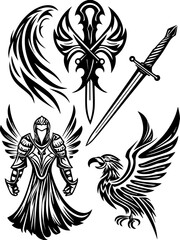 SVG vector of a dark fantasy Skull Knight with a snake-like body. Detailed Illustration of Knight, Sword, Skull, and Mythical Creatures