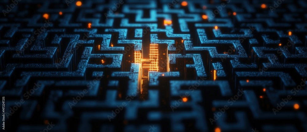 Aufkleber an illuminated maze with bright center glows, symbolizing complex problem solving and strategic navi