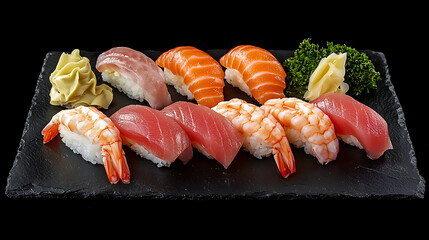 A plate of sushi with a variety of fish and shrimp