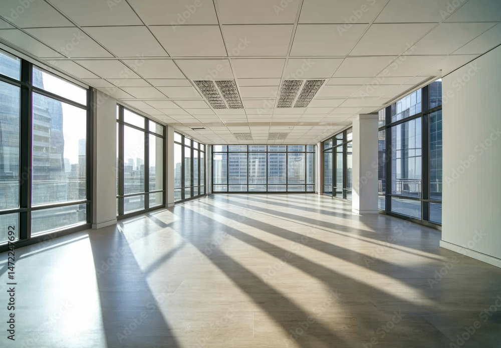 Poster sunlit empty office space with floor-to-ceiling windows offering panoramic city views. ideal for rea