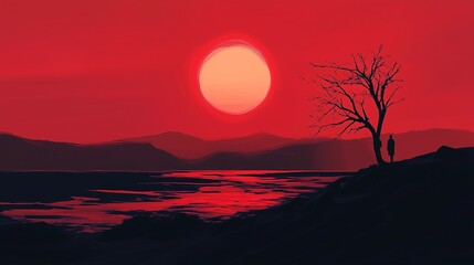 Fototapeta premium Crimson Reflections: A Solitary Figure Gazing at a Fiery River Under the Sun 