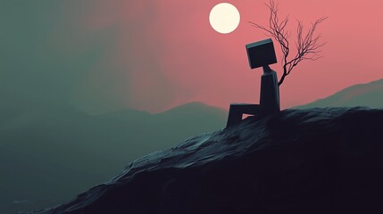 Surreal Moonlight Contemplation: A Figure with a Screen Head Under a Pale Moon
