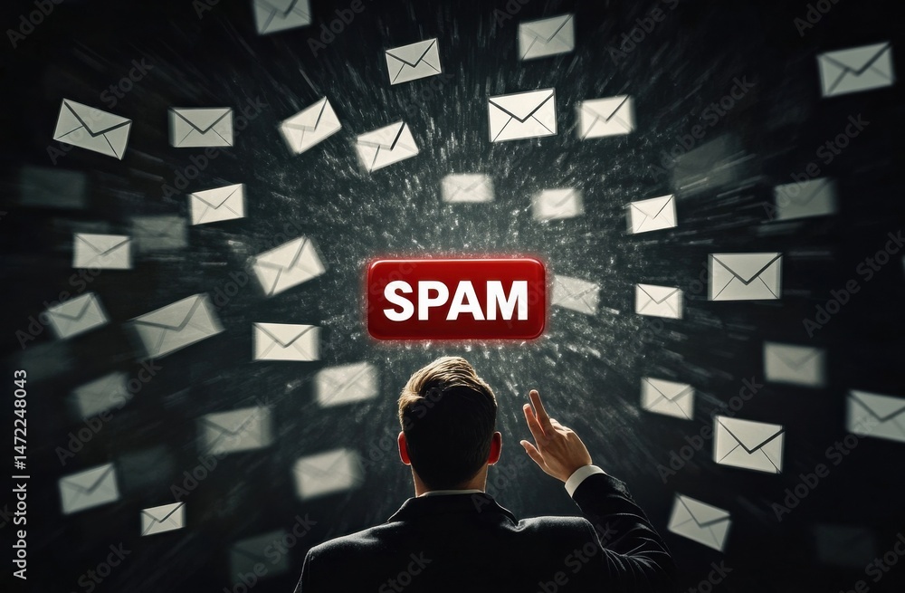 Poster A businessman interacts with a digital interface showing a red 'SPAM' button, surrounded by numerous emails flying towards him, illustrating the overwhelming nature of unsolicited mess : Generative AI