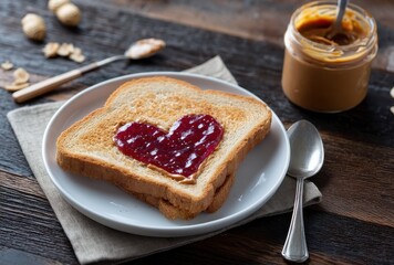 Toast Slice with Heart-Shaped Jelly on Wood Table with Peanut Butter Jar and Spoon, Perfect for Breakfast or Romantic Meal