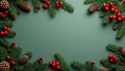 Festive Christmas Arrangement with Pine Cones and Berries on a Green Background