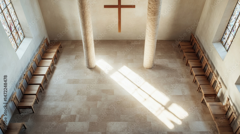 Poster Sunlight streams through stained glass windows illuminating rows of wooden chairs in a minimalist church interior, with a simple wooden cross centered on the wall. : Generative AI