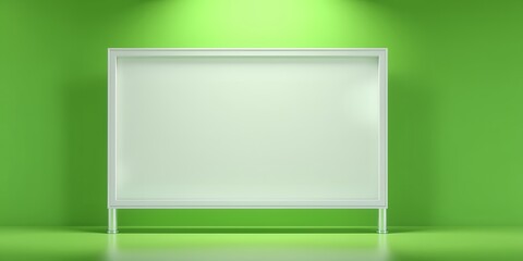 A blank white billboard stands in a green studio with a spotlight shining from above it