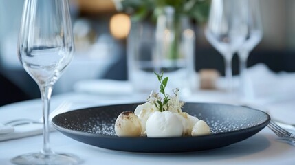 Fototapeta na wymiar Elegant dessert plate featuring white spheres, lychees, and delicate floral garnish, set on a dark speckled plate in a fine dining restaurant setting. : Generative AI