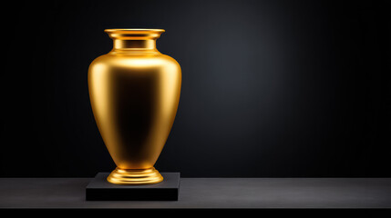 Fototapeta premium The radiant golden vase, a symbol of opulence and artistry, catches the light with its smooth curves, standing on a sleek black pedestal in the shadowed space.