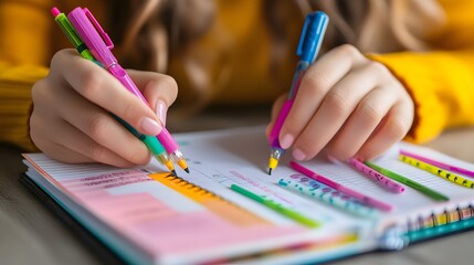 Naklejka premium Close-up of hands setting up a new planner with colorful markers and stickers