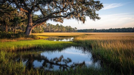 Tranquil marsh landscape with a large oak tree reflecting in still water.