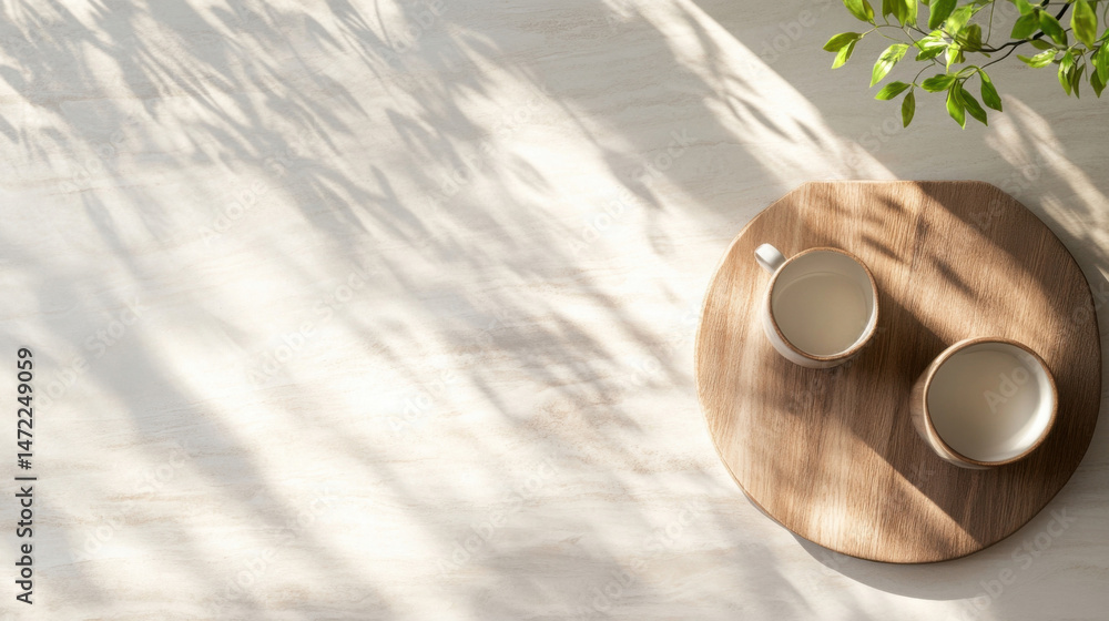 Poster two ceramic mugs filled with milk rest on a round wooden tray, bathed in sunlight filtering through 