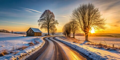 Fototapeta premium Winter Sunrise on a Winding Country Road, Past a Small Stone Barn and Silhouetted Trees