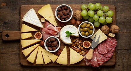 Flat lay of a charcuterie board with assorted cheeses, cured meats, nuts, grapes, and crackers on a rustic wooden surface
