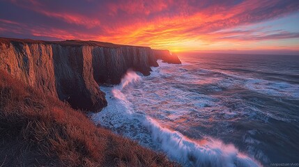 Dramatic sunset over rugged coastline with powerful waves crashing against cliffs