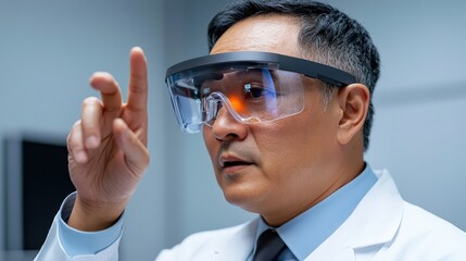 Scientist Using Augmented Reality Smart Glasses for Research and Development