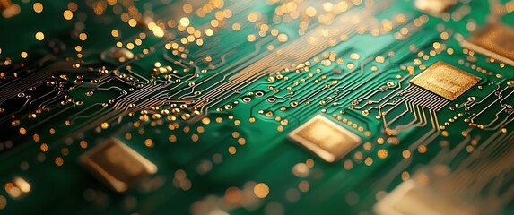 A close-up view of a green PCB with golden conductive paths and solder joints.