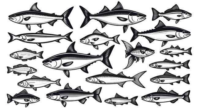 Fishes sketch icons of tuna, perch and pike or salmon and marlin. Vector set of saltwater sea or freshwater river fish species flounder, sheatfish or car and sprat mackerel for fishing design