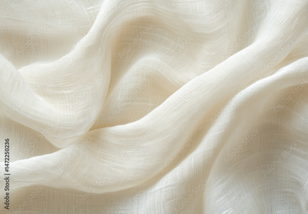 Poster cream-colored linen fabric with soft, flowing drapes and subtle texture, ideal for textile design or