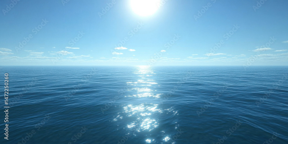 Poster a serene ocean scene with a bright sun reflecting on the calm water, under a clear blue sky with a f