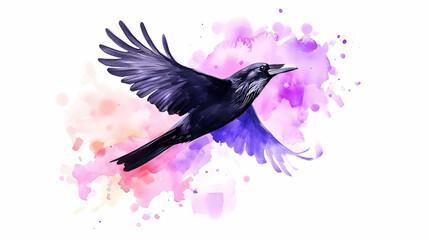 Obraz premium A crow in flight, amidst vibrant watercolor splashes