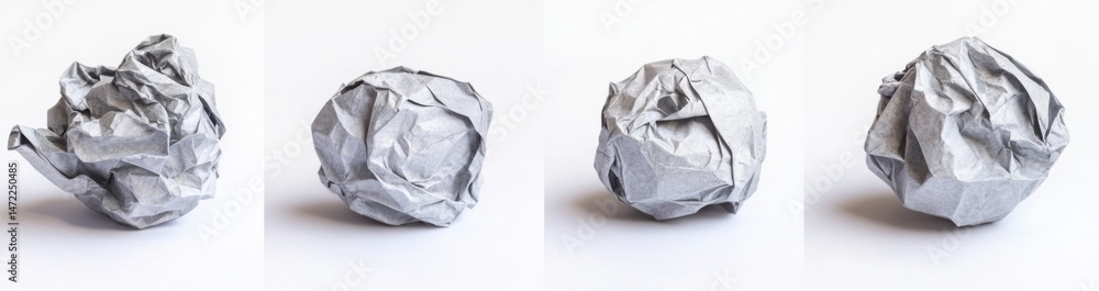 Poster four crumpled grey paper balls on a white background, showcasing different angles and textures of th