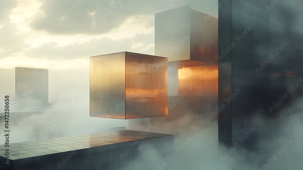 Poster otherworldly realm featuring abstract geometric forms enveloped in ethereal mist