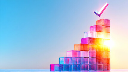 Colorful translucent blocks form a rising staircase, topped with a glowing checkmark, symbolizing progress and success
