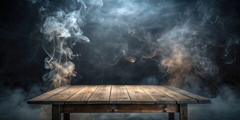 Empty rustic wooden table against a smoky, dark background perfect for product placement or mysterious scenes.