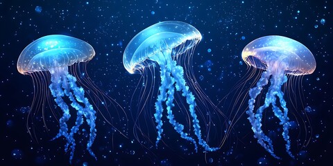 Fototapeta premium Glowing jellyfish swim in dark ocean depths, ideal for marine life projects