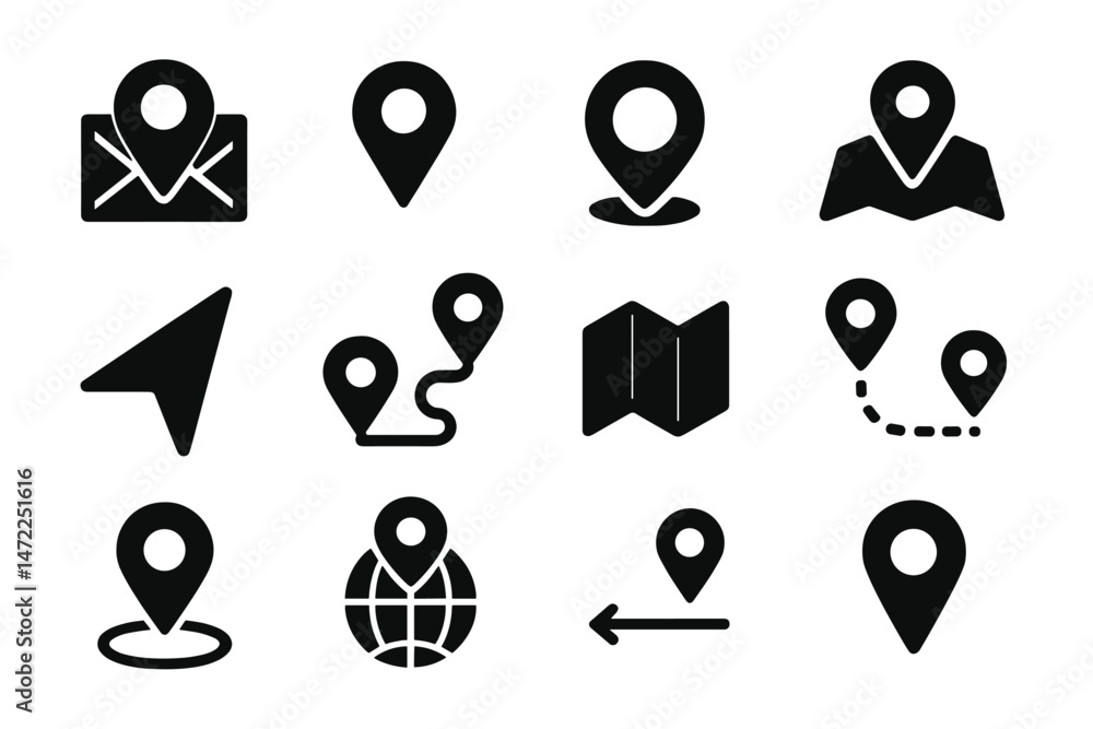 Poster icons representing various navigation and location concepts for maps and travel apps in a modern vec