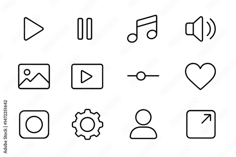 Poster creative collection of vector icons representing multimedia controls, interaction elements, and soci