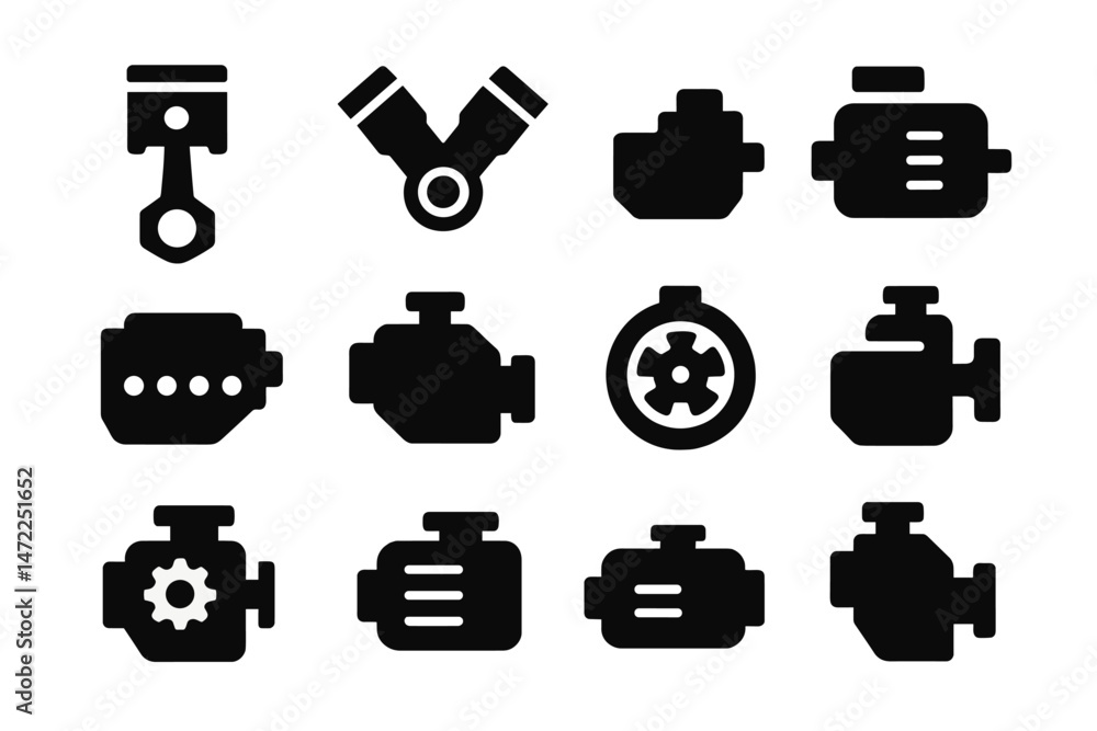 Poster various vector icons of automotive engine components and symbols in a minimalist design suitable for