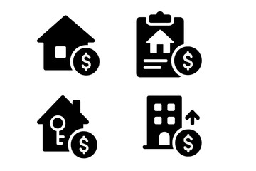 Vector icons representing various aspects of real estate, including home valuations and investment opportunities in urban settings